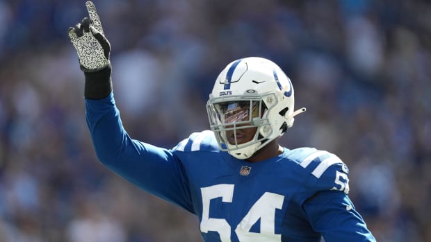 Indianapolis Colts defensive end Dayo Odeyingbo (54) reacts after sacking Tennessee Titans quarterback Ryan Tannehill (17) on Sunday, Oct. 2, 2022, during a game against the Tennessee Titans at Lucas Oil Stadium in Indianapolis.